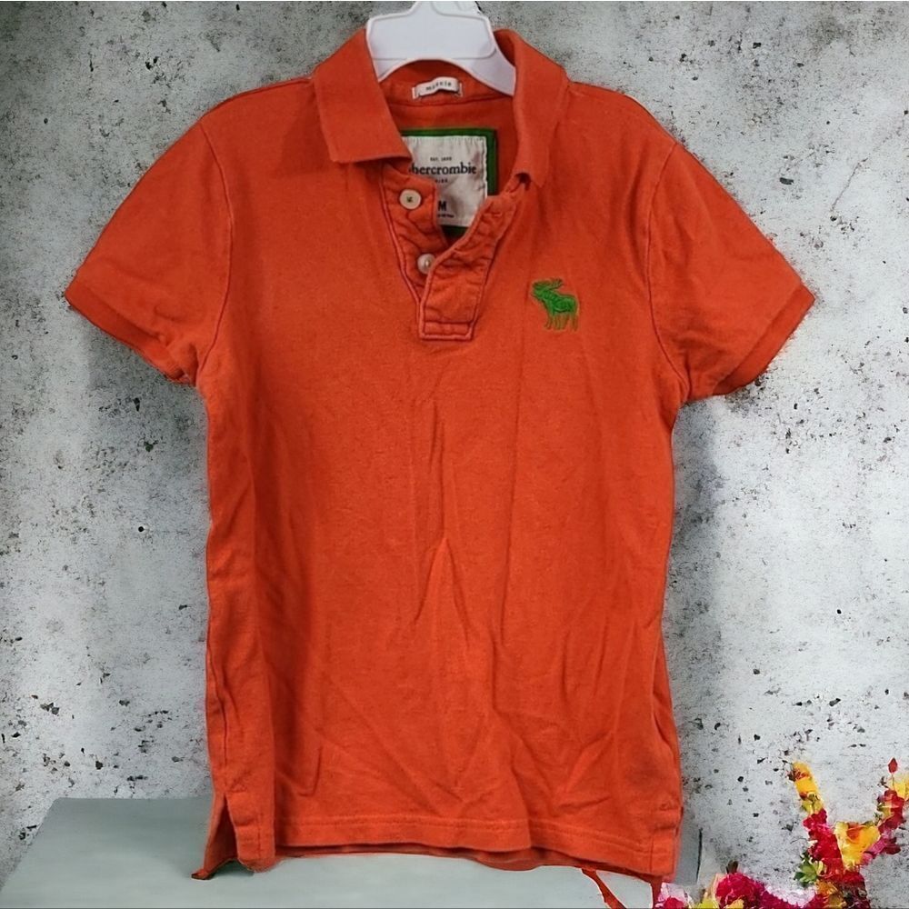 Abercrombie Kids Boys Medium Orange Pique Polo Muscle Short Sleeve Green Moose